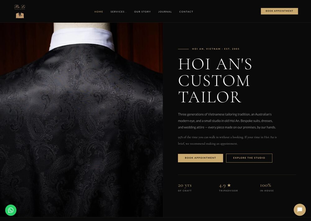Be Li Tailor bespoke tailoring website design by Lanna Mountain — homepage screenshot